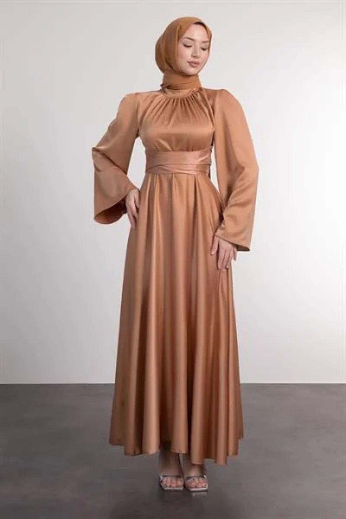 İspanyol Kol Beli Dolamalı Saten Abiye Elbise 583163 Vizon