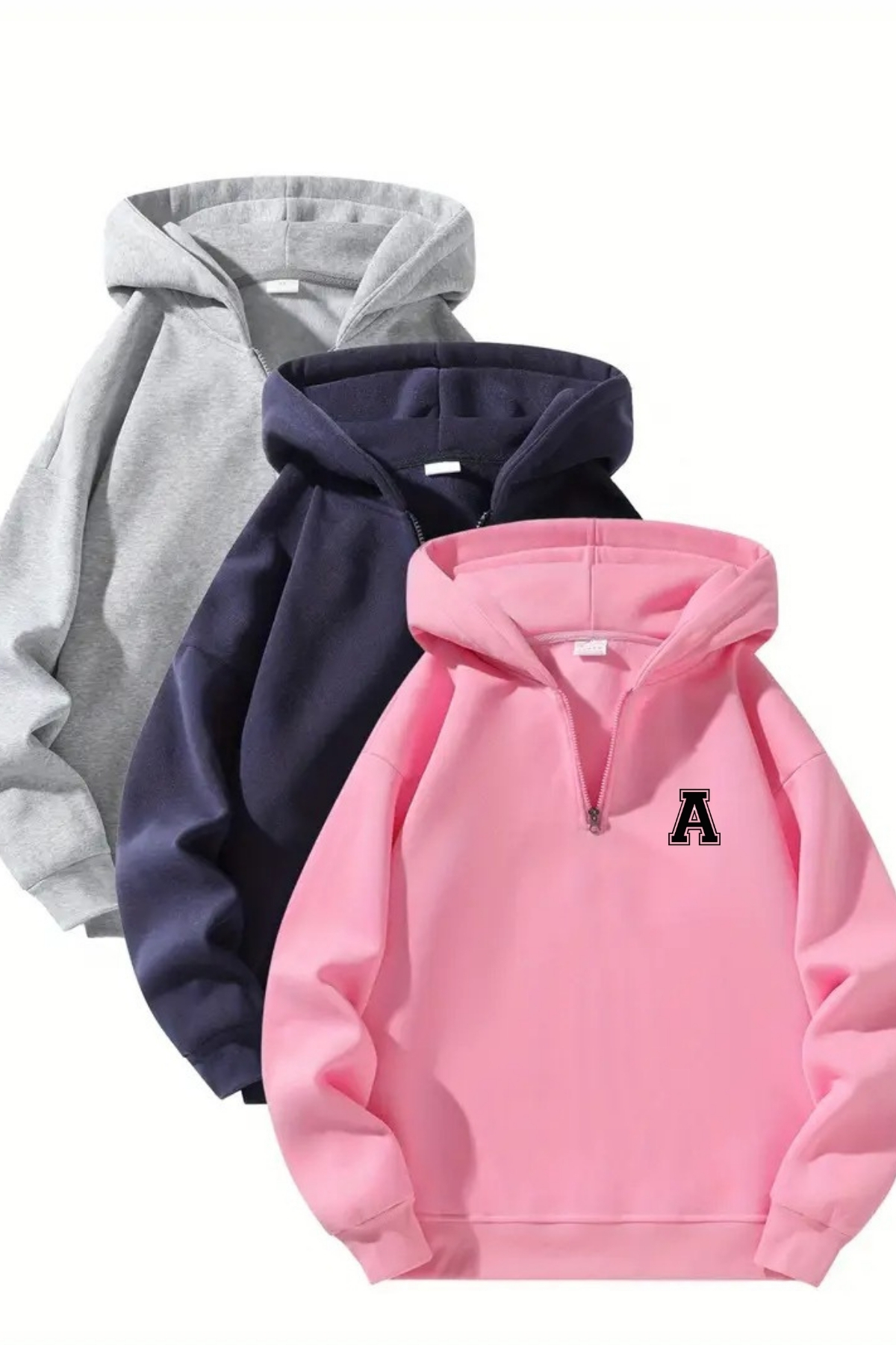 Unisex Fermuarlı Kapüşonlu Oversize A Logolu Baskılı Sweatshirt – Gri / Lacivert / Pembe