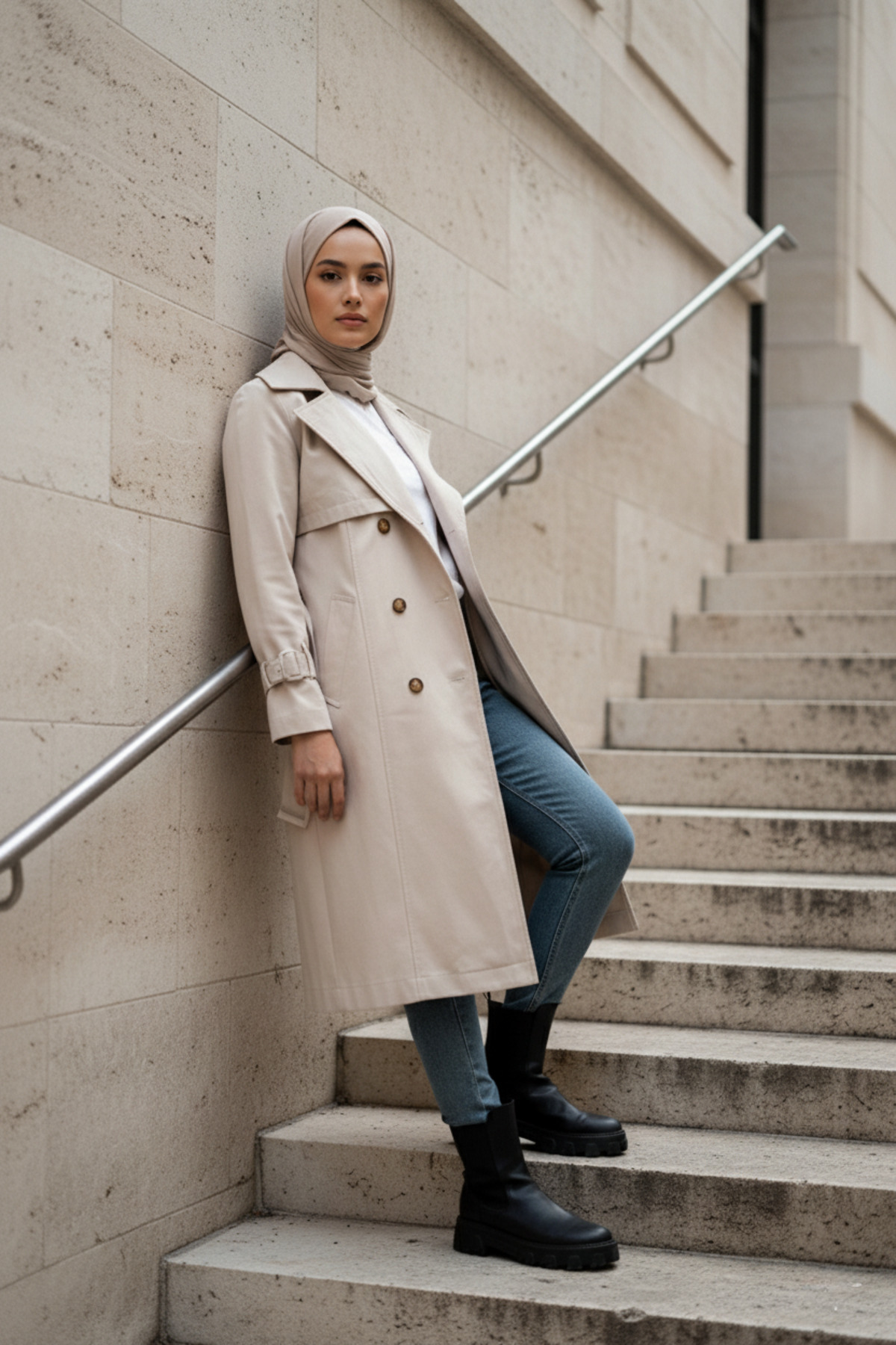 Taş Rengi - %100 Pamuk Uzun (110CM) Astarlı Kadın Tesettür Trençkot 1111-TES