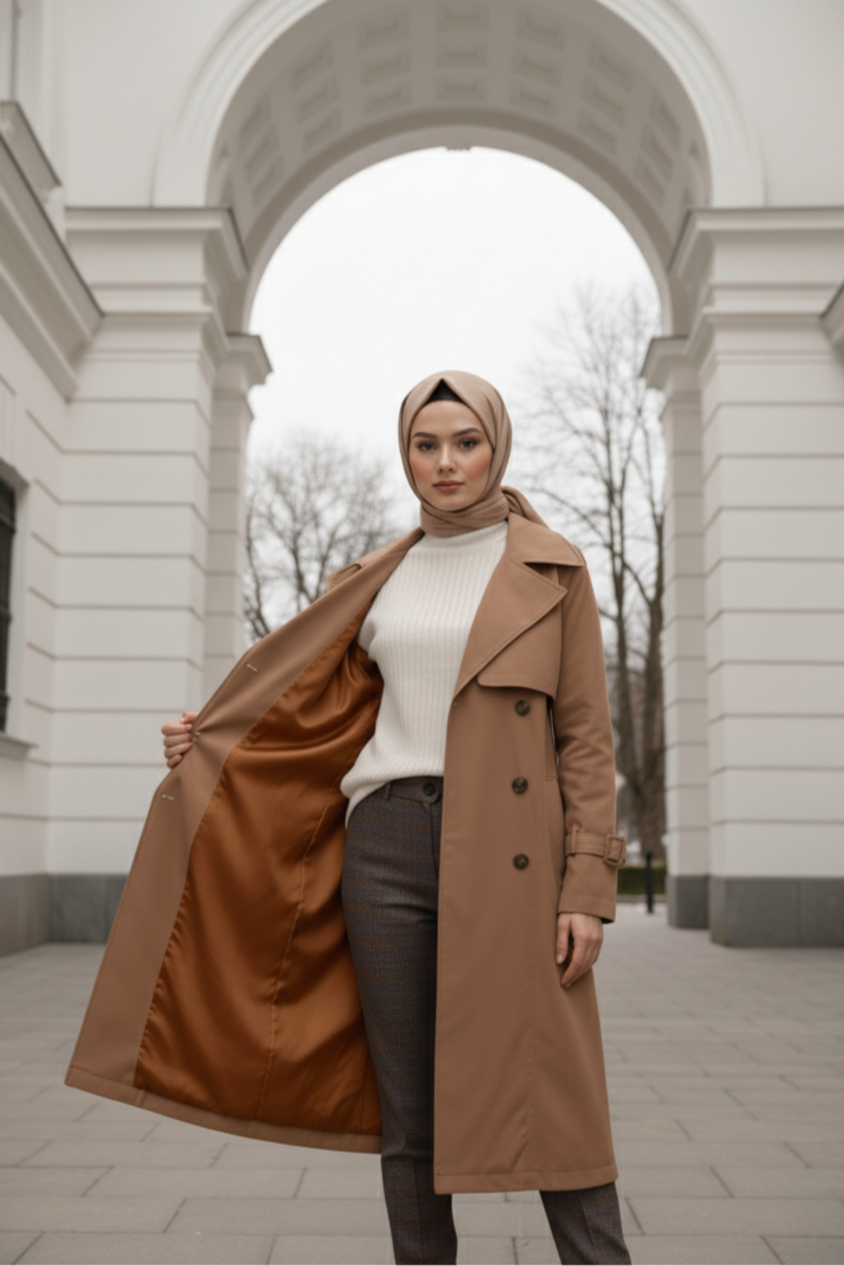 Koyu Bej - %100 Pamuk Uzun (110CM) Astarlı Kadın Tesettür Trençkot 1111-TES