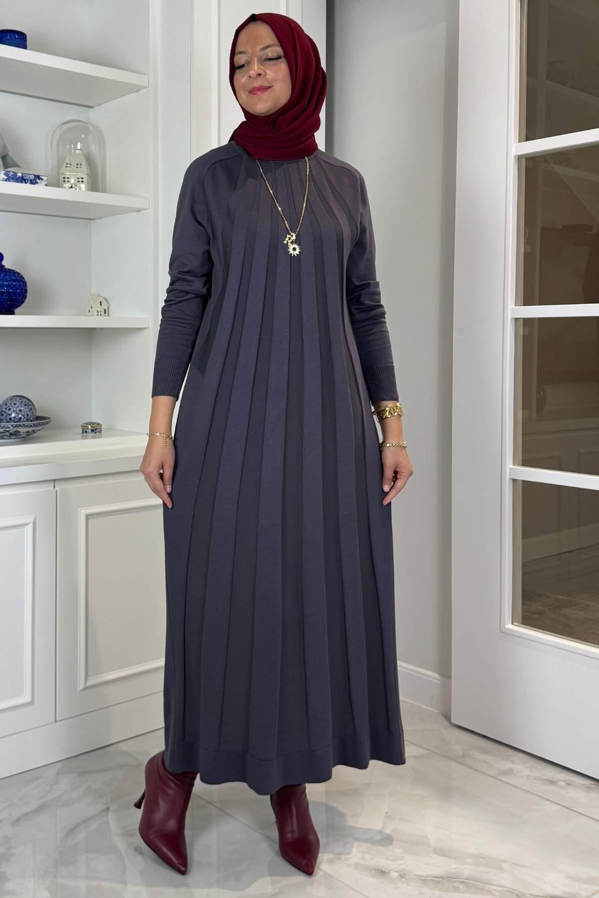 Beyza Fitilli Triko Elbise Antrasit