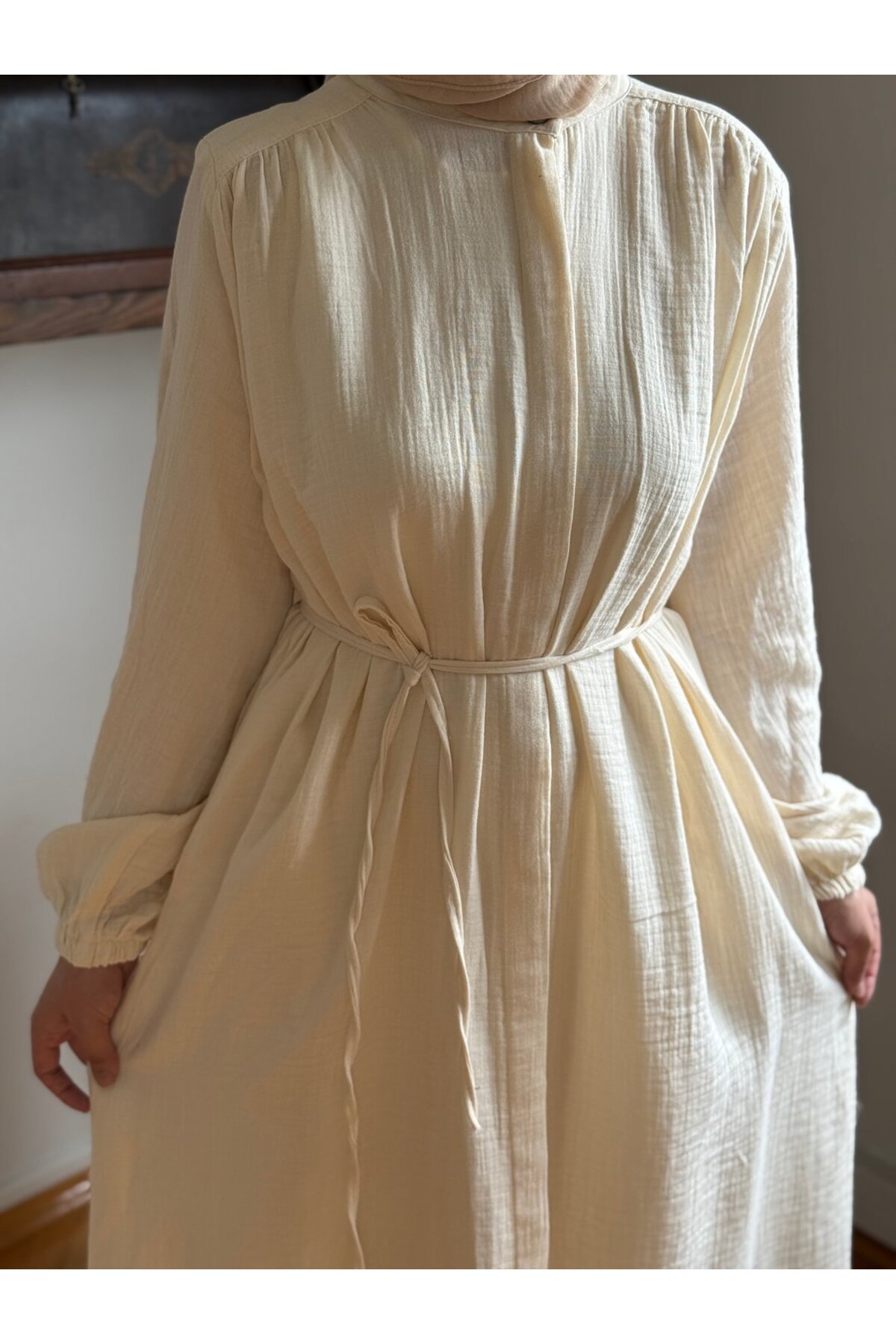 Tam Boy Düğmeli Müslin Ferace 5102 ekru | FENDEL