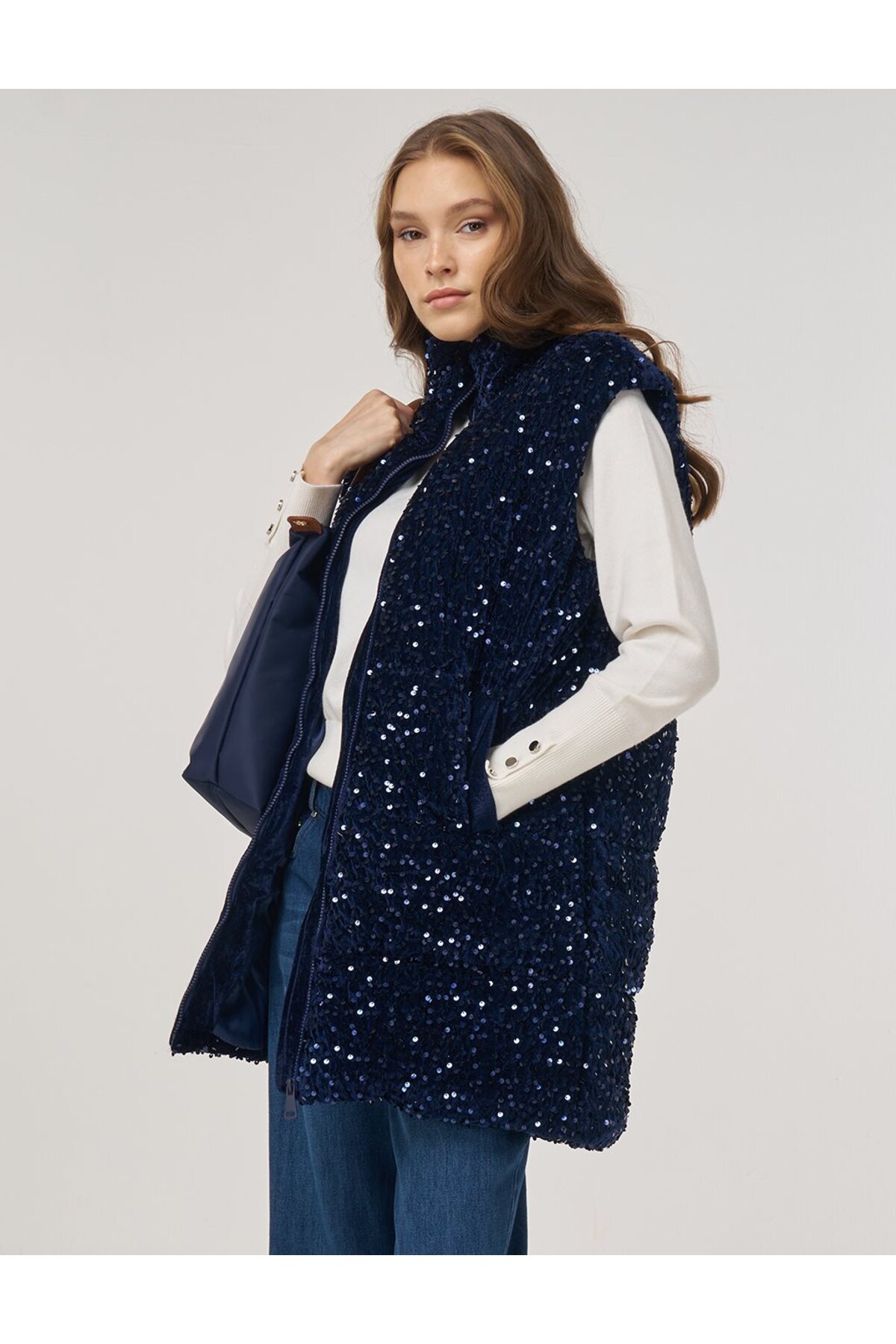 Payet İşlemeli Şişme Yelek Koyu Lacivert