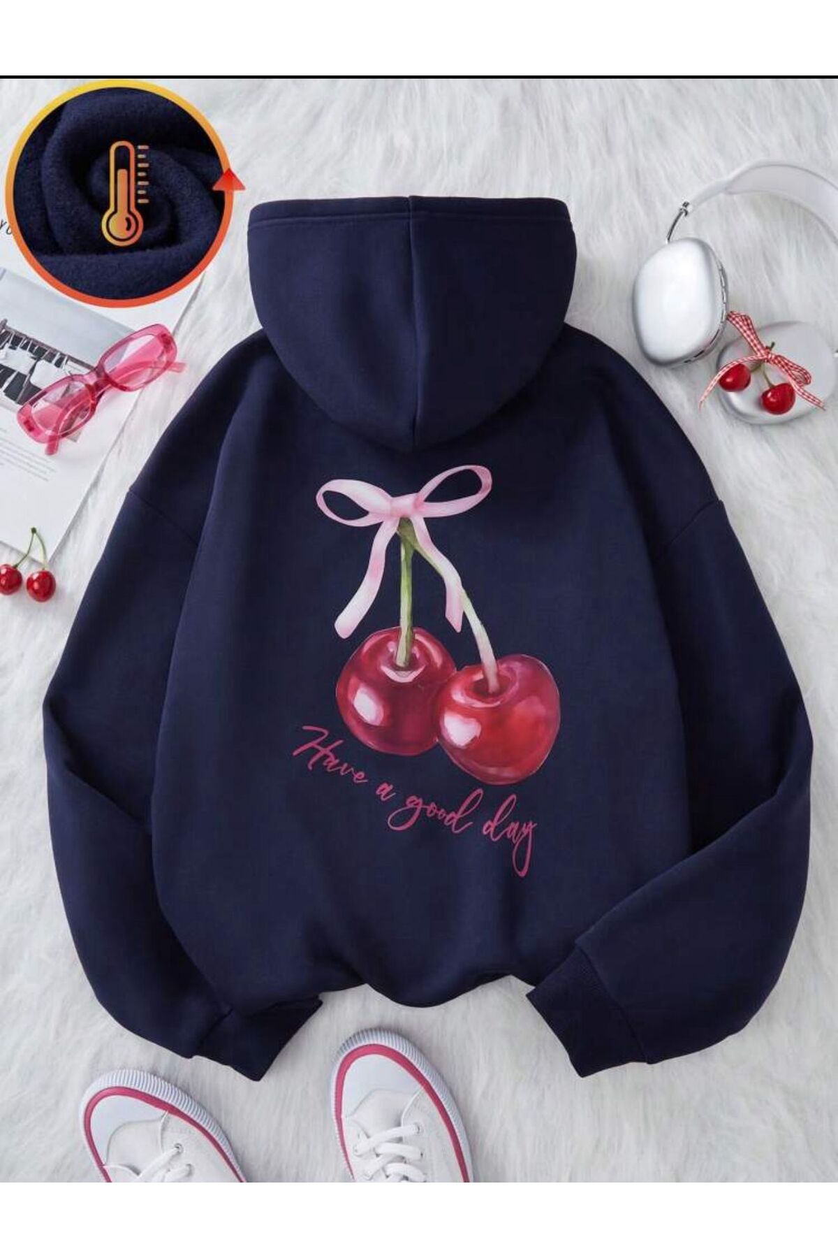 Cherry Good Day Sırt Baskılı Lacivert Kapşonlu Kanguru Cep Sweatshirt Hodie