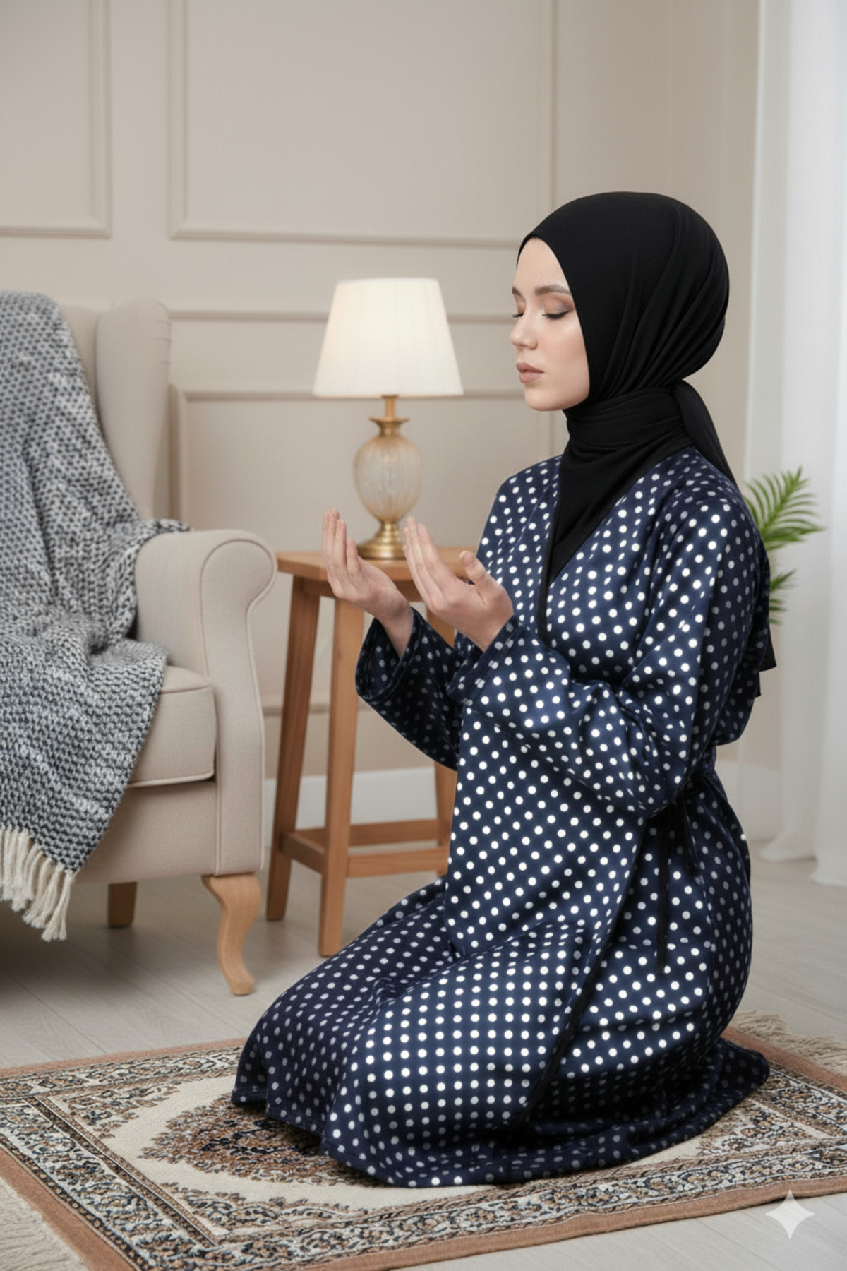 Yandan bağlamalı tek parça kruvaze kadın namaz elbisesi sabahlık