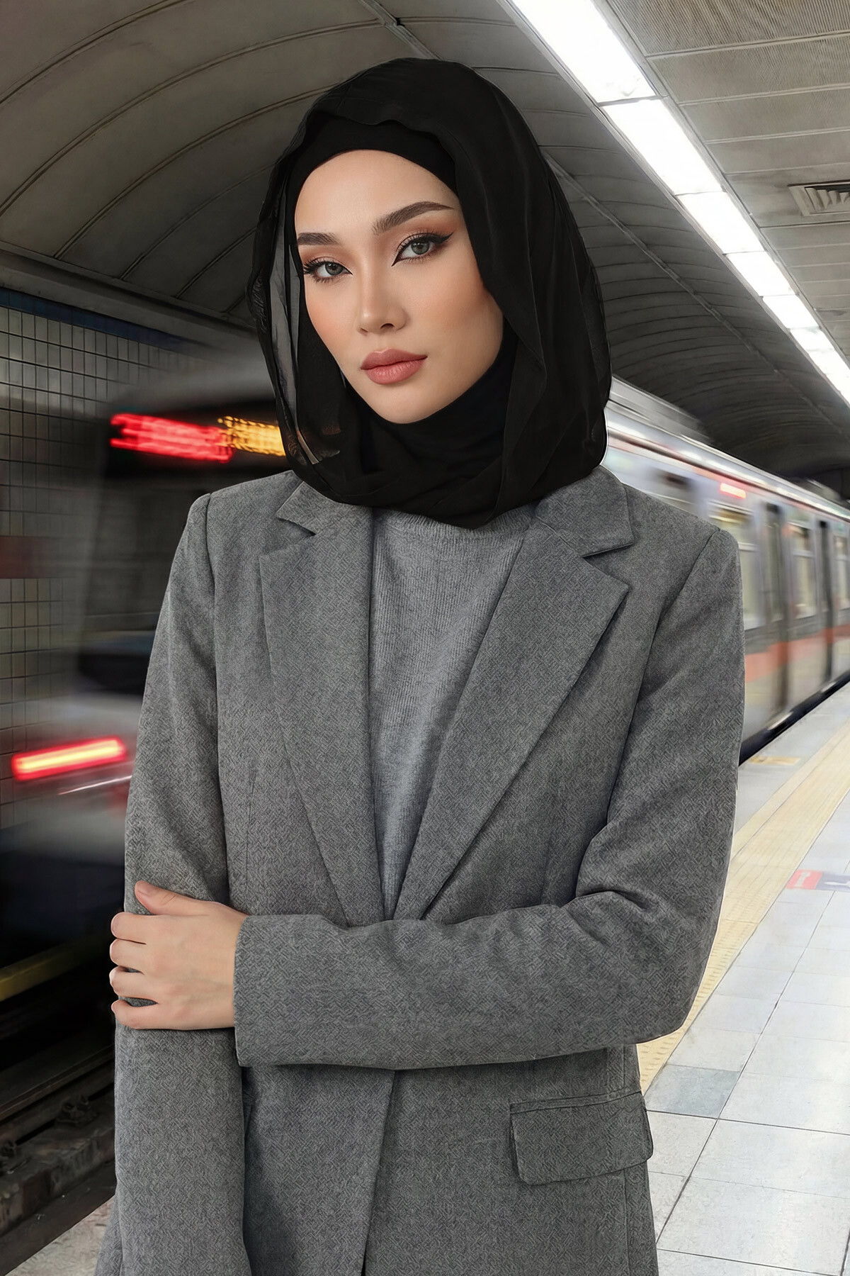 Boyun Kapatıcı Özellikli Şifon Kapşonlu Penye Bone,B-95,Siyah-Siyah