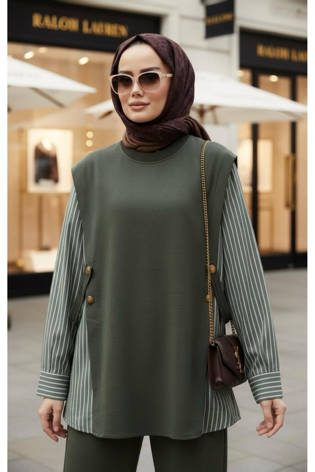 Liora Kadın Tesettür İkili Takım – Pamuklu İki İplik Gömlek Detaylı- Hakiyeşil