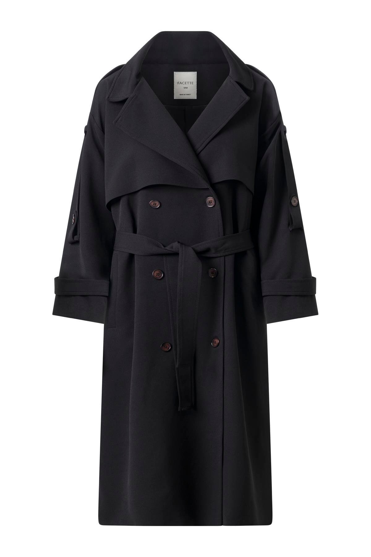 Kol Apoletli Rüzgarlıklı Oversize Trençkot Siyah