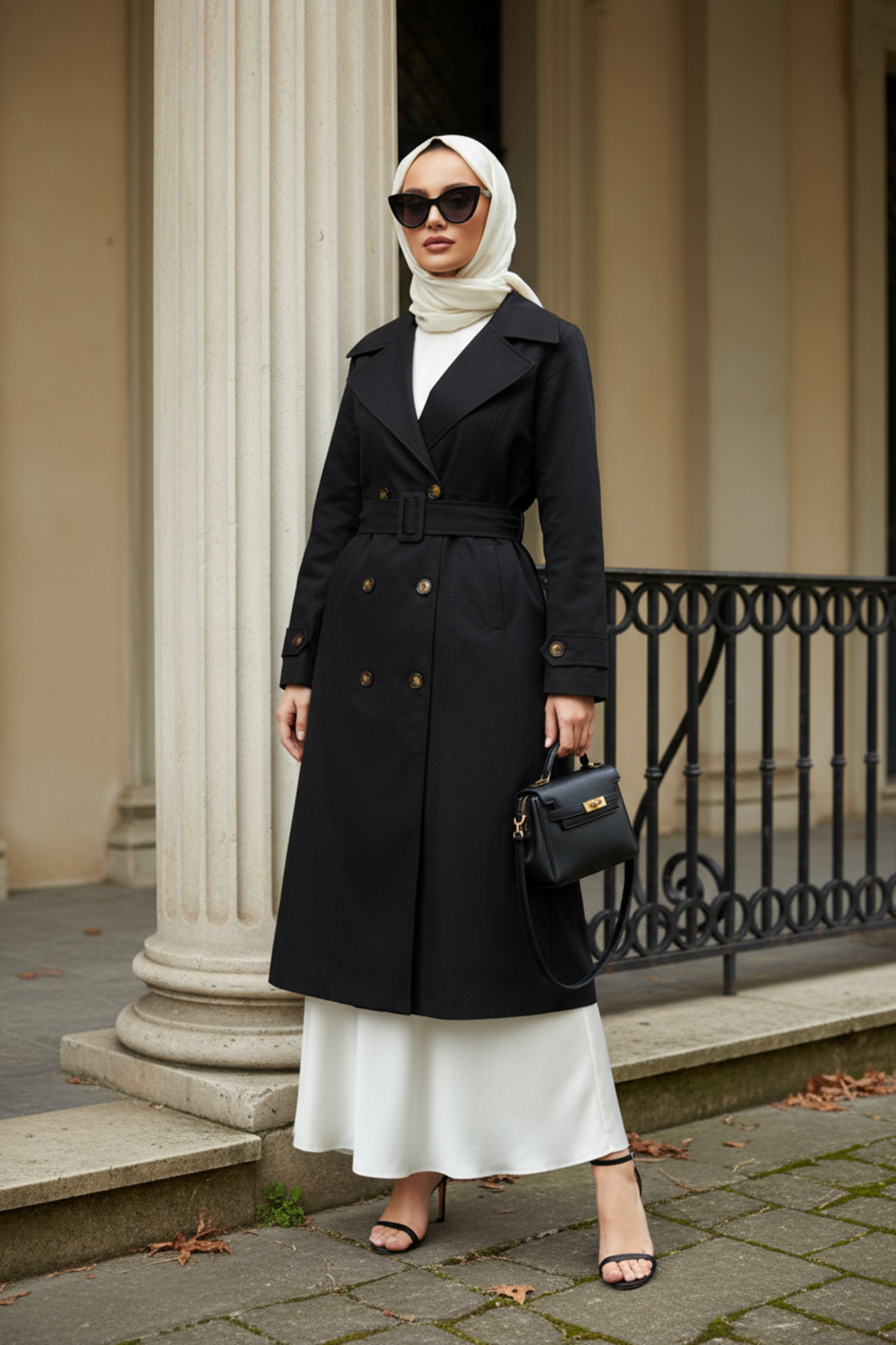 Siyah - %100 Pamuk Ekstra Uzun (120cm) Tam Kalıp Kadın Tesettür Trençkot