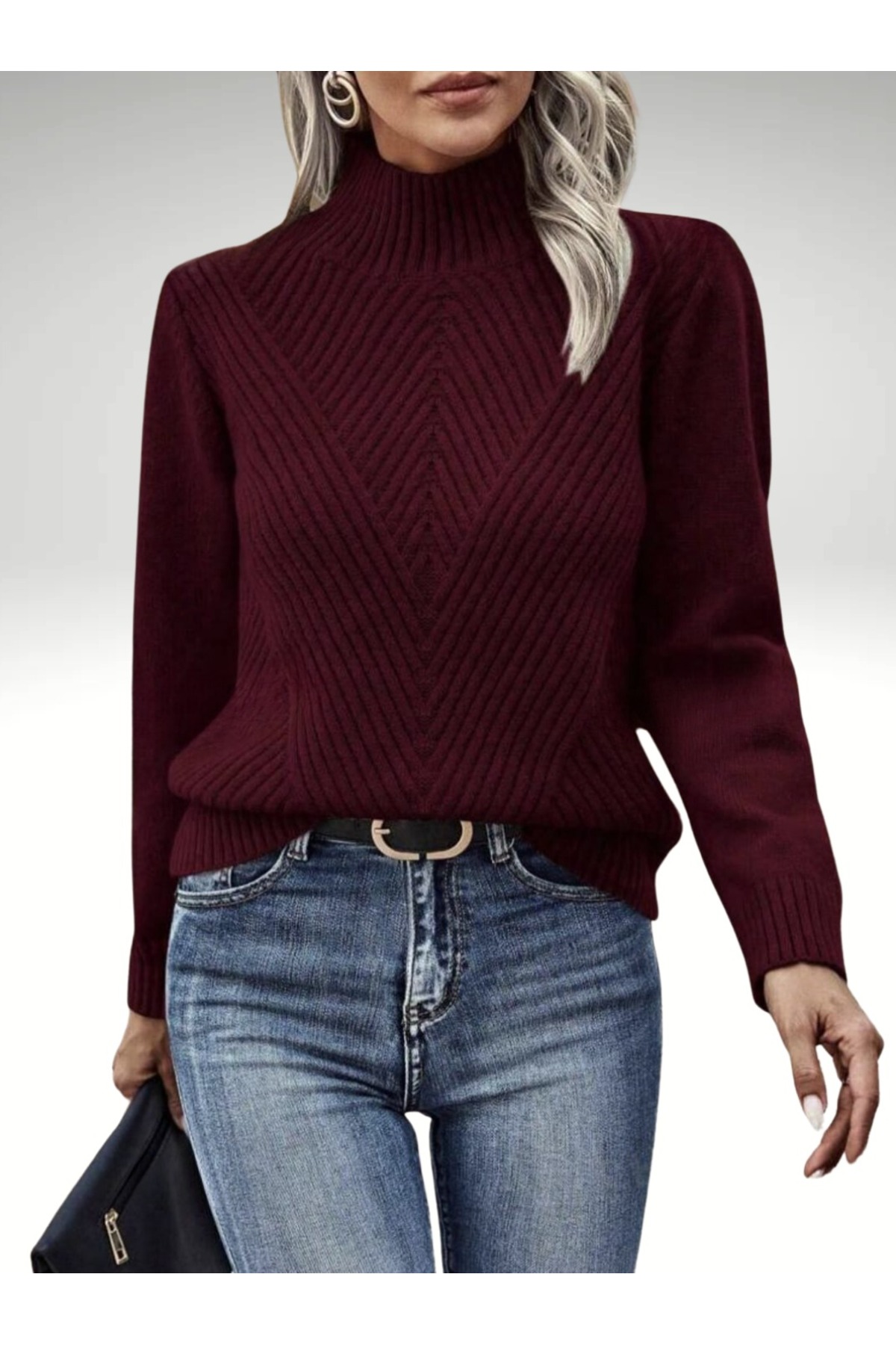 Balıkçı Yaka Fitil Desenli Basic Kadın Triko Boğazlı Kazak