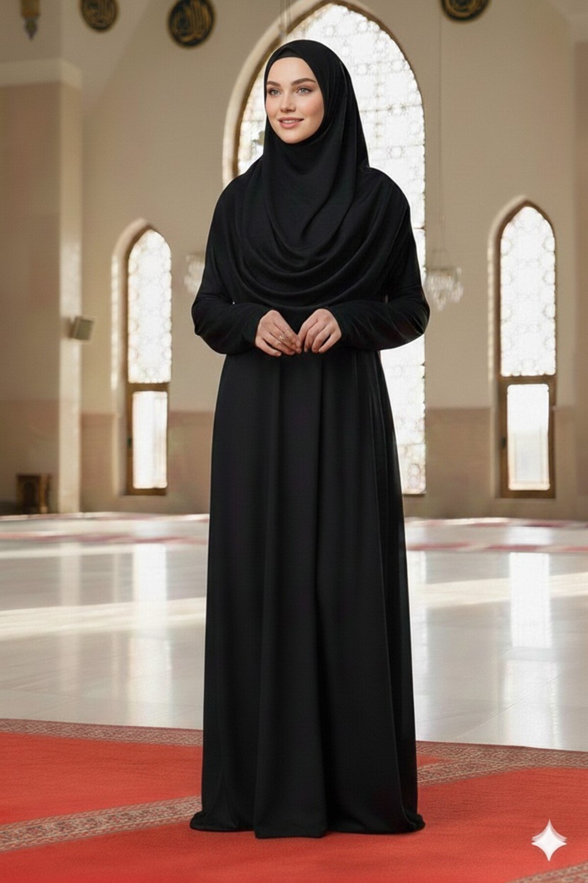 Kolay Giyilebilen Başörtülü Tek Parça Namaz Elbisesi Siyah