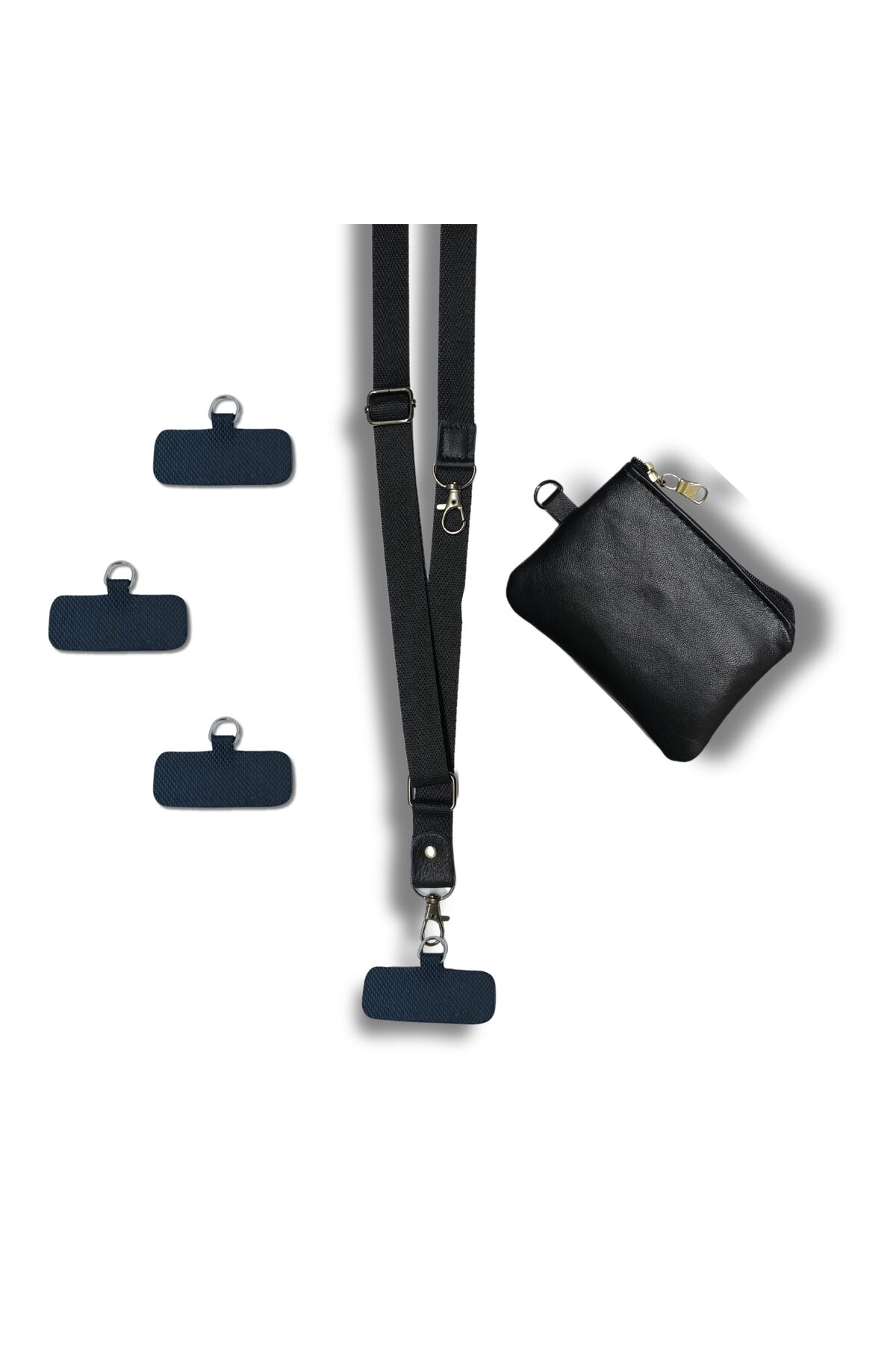 Telefon Boyun Askısı Siyah | 3 Adet Aparat | Cüzdan Hediyeli
