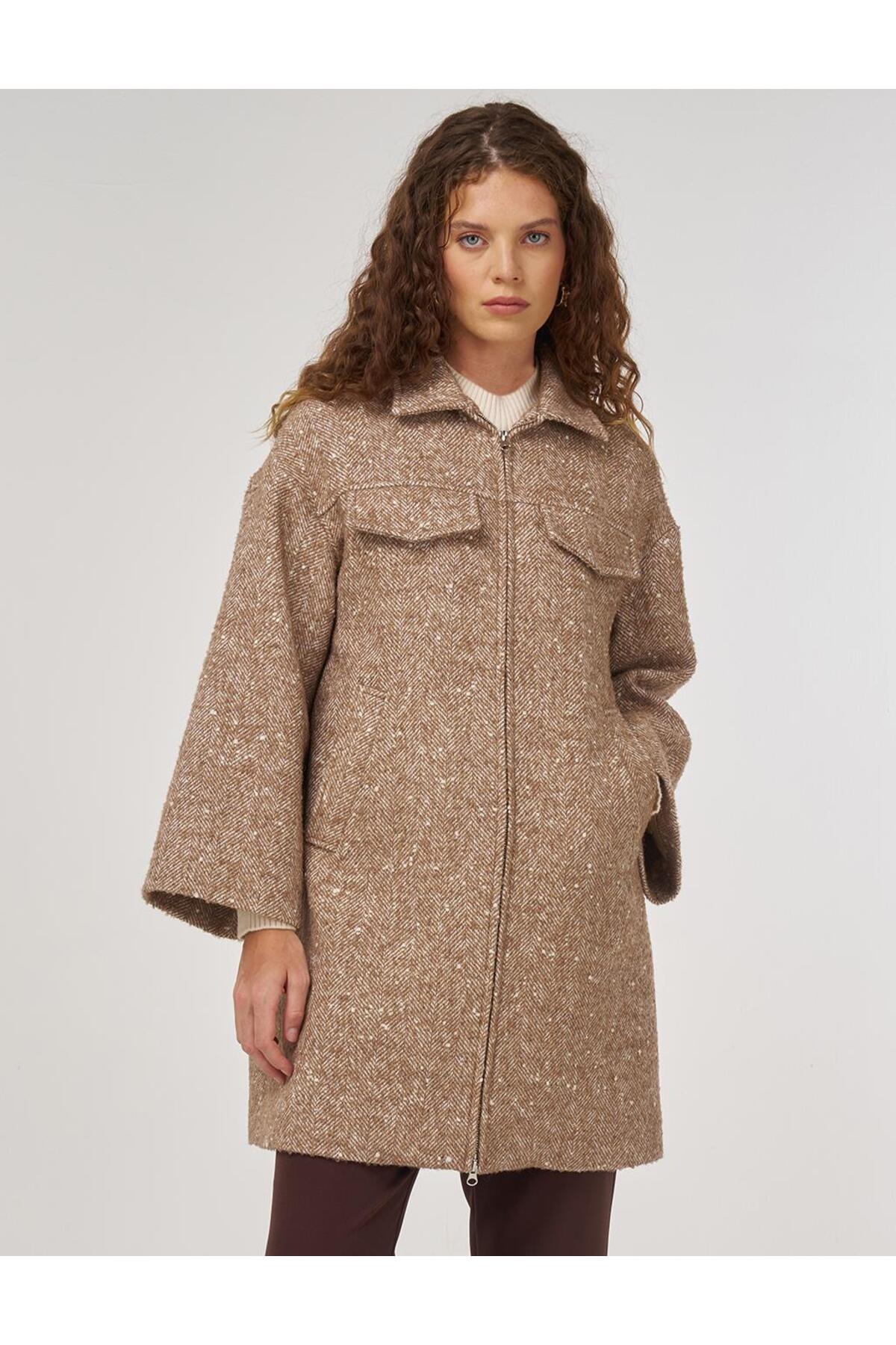 Kapak Cepli Yün Kaban Hardal