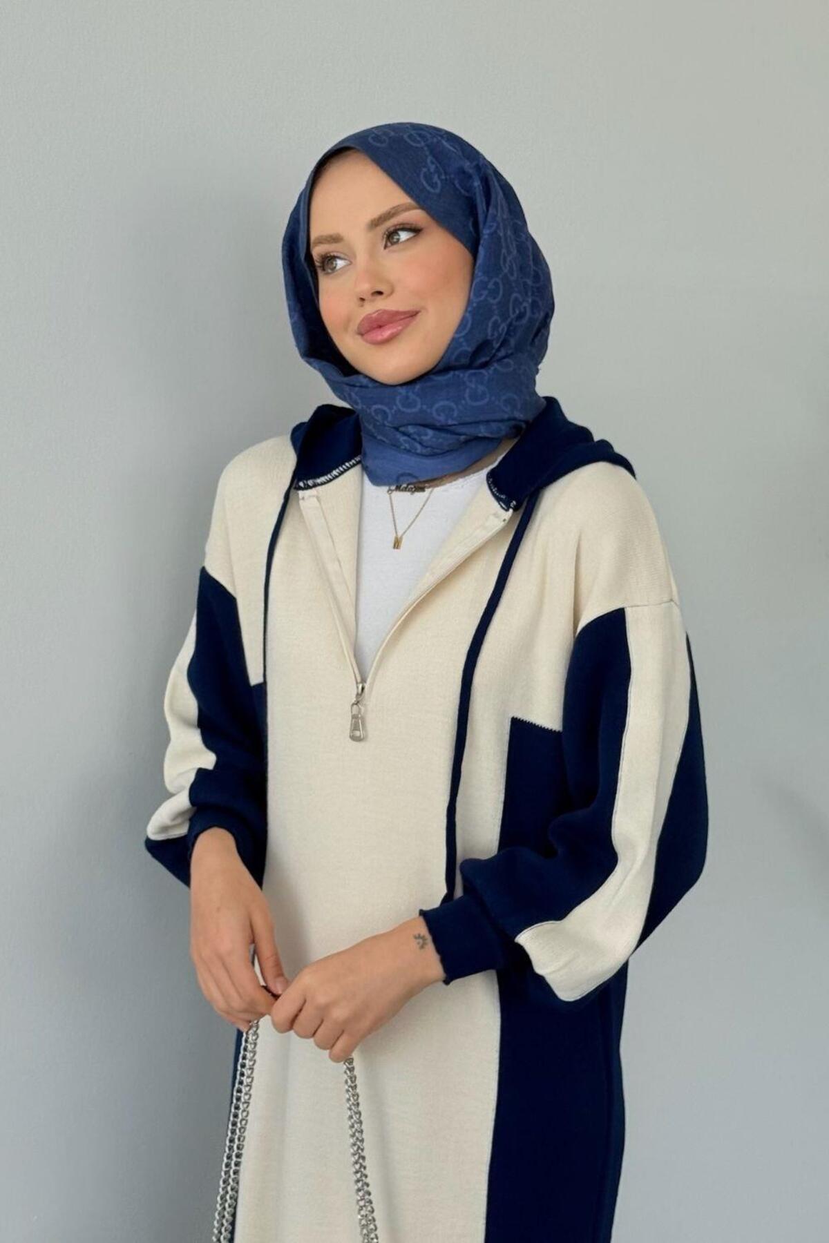 Samira Kapüşonlu Spor Triko Elbise Lacivert