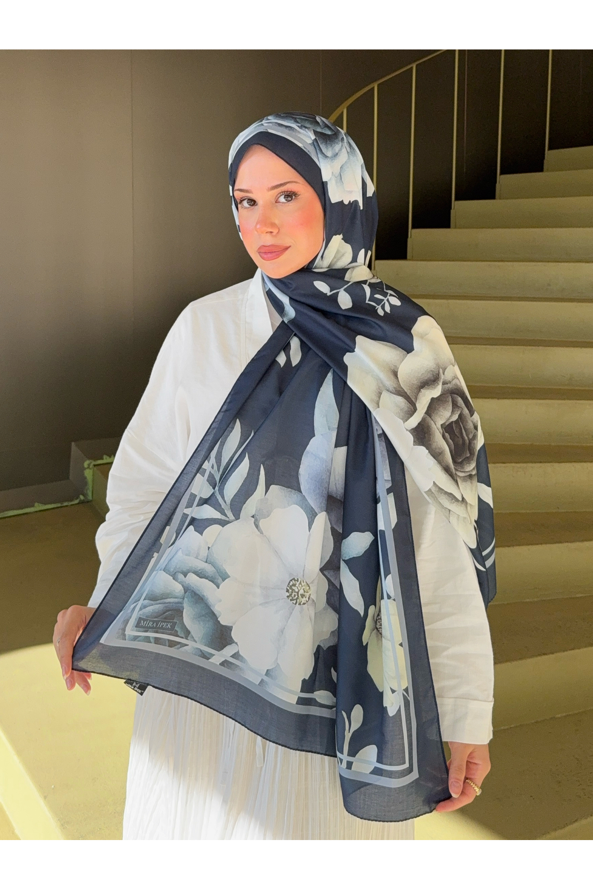 Desenli Pamuk Soft Şal İlham Serisi Koyu Lacivert Gül ps107