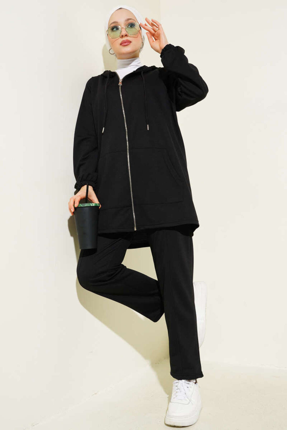 Kanguru Cepli Fermuarlı İkili Takım Siyah