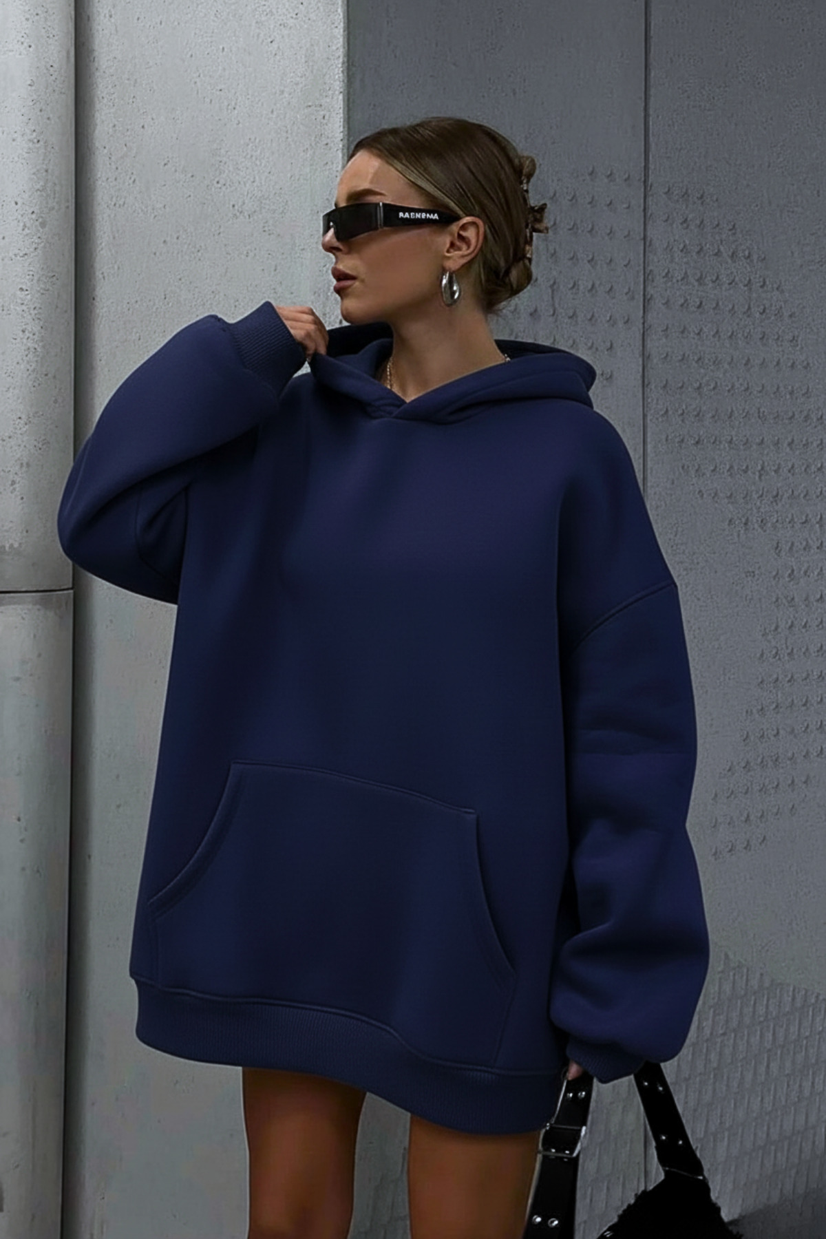 Lacivert Unisex Yumuşak Kumaş Oversize Fit Kapüşonlu Sweatshirt İçi Polarlı Kapüşonlu Sweatshirt